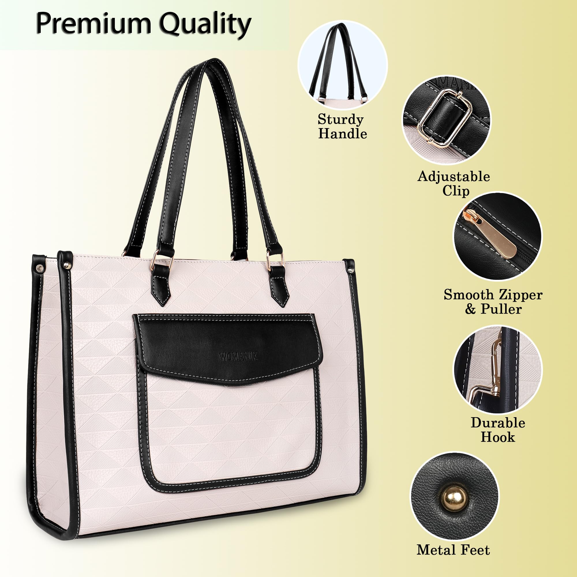 Womanix PU Laptop Tote Bags for Women with Front Pocket, Work Bag,15 inch tote for Women, Large Capacity Handbag for Office, School, Travel, Teacher Purse (Beige Black)