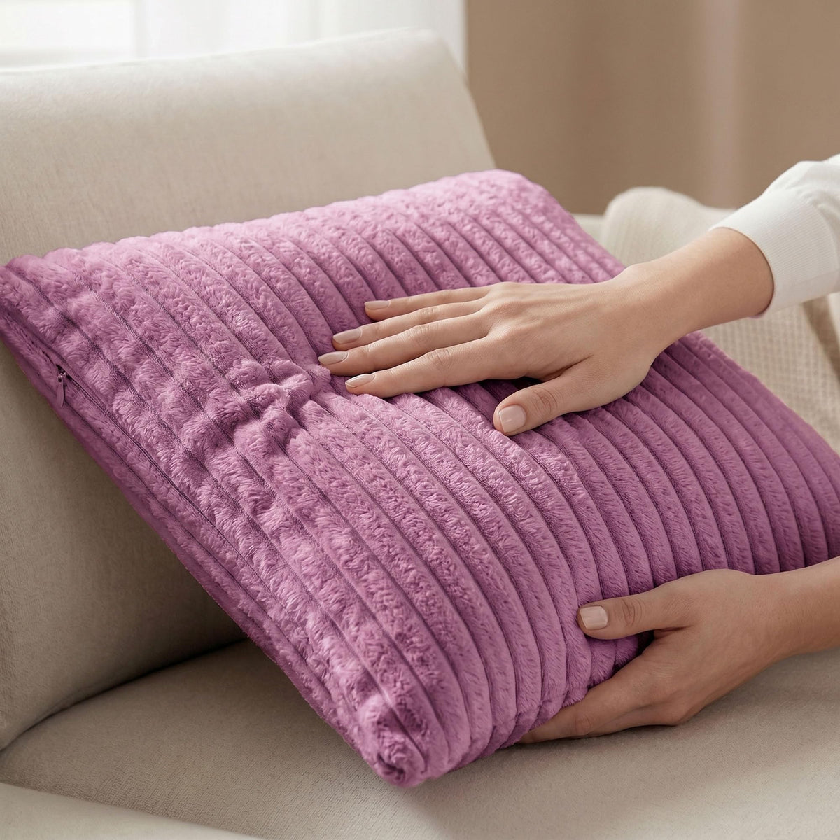 Yellow Weaves Pencil-Stripe Fur Cushion Covers | Soft Polyester | Decorative Sofa & Throw Pillow Covers | 16x16 Inches, Pack of 1 (Purple)