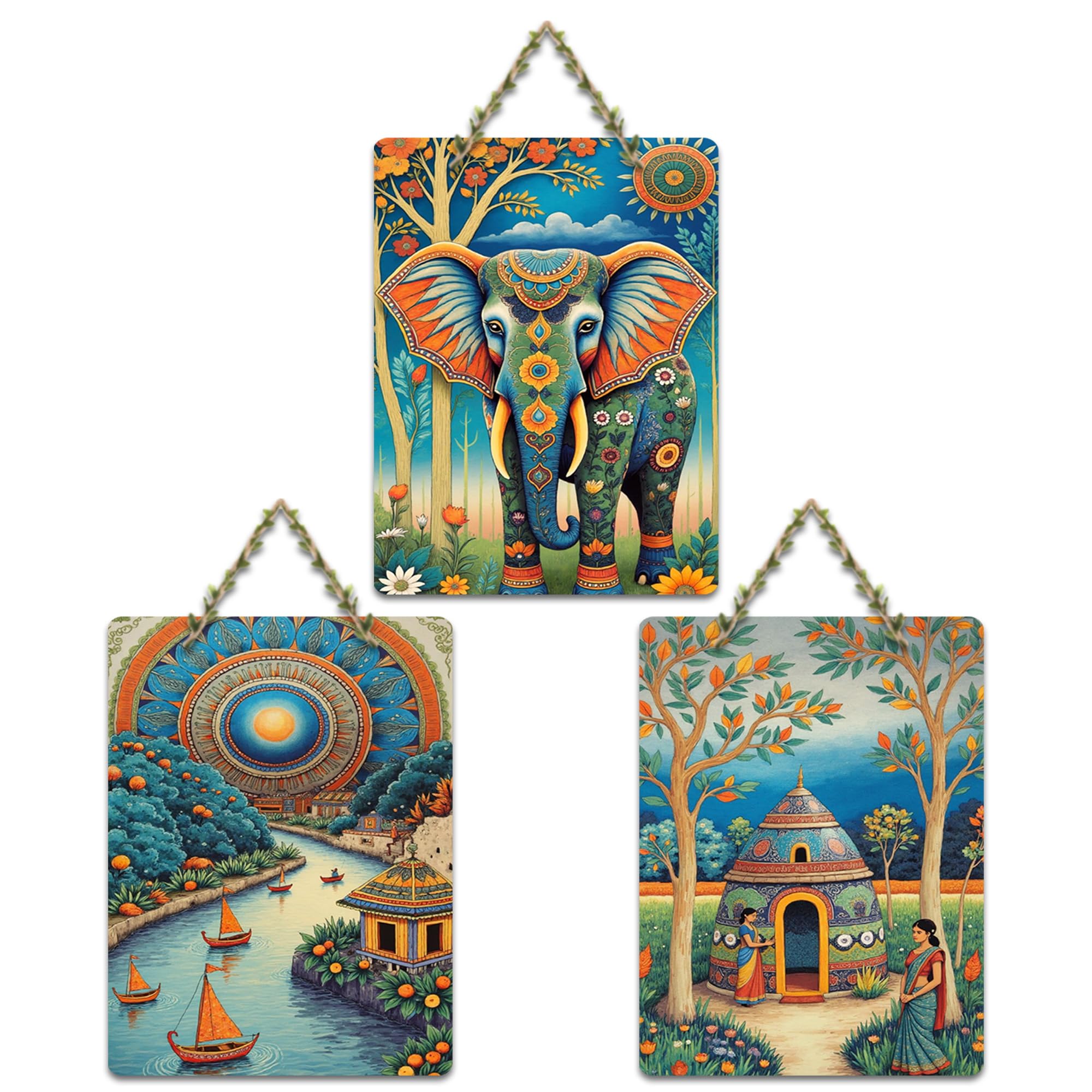 Artvibes Elephant & Colorful Indian Folk Art Decorative MDF Wooden Wall Art for Home | Printed Wall Decoration | Graphic Artwork | Aesthetic Wooden Decor | Sceneries | Unique Gift (WH_9669N), Set of 3