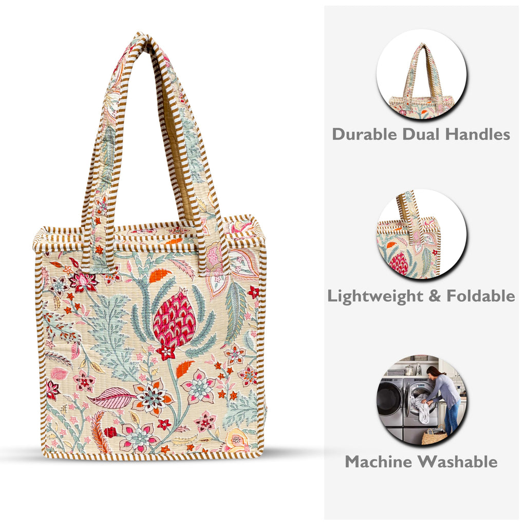 Cotton Quilted Tote Bag for Women | Lightweight Reusable Shoulder Handbag | Durable Eco-Friendly Shopping Bag | Large Capacity Travel, Office & Daily Use Carry Bag | Stylish Utility Tote (Beige)