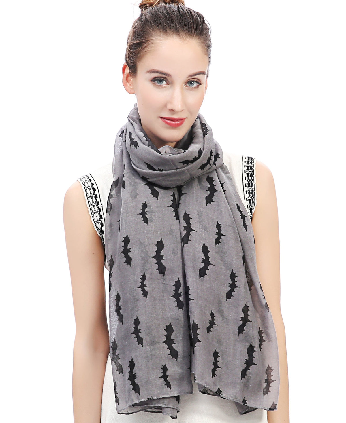 Lina & Lily Halloween Bats Print Women's Large Scarf Shawl Wrap Oversized Lightweight (Grey)