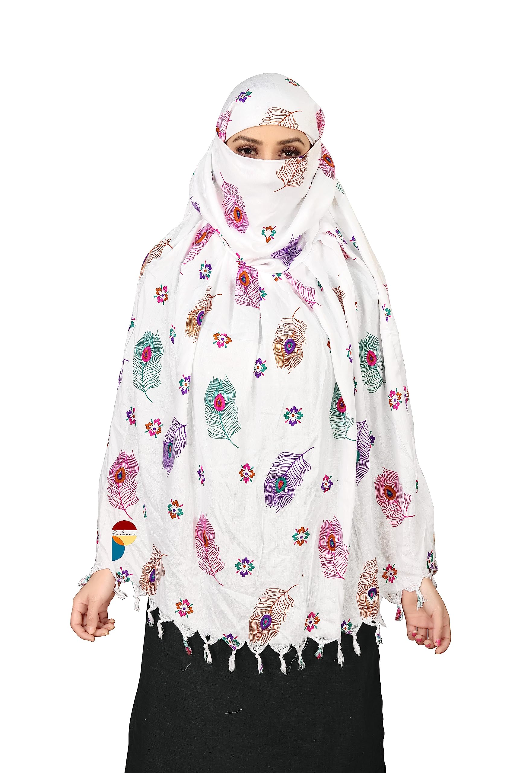 PRACHARAN Cotton Innovative Stylish Feather Printed Pattern Fancy Scarf With Sun Protection Cover Face Cotton Driving Scarf for Women's and Girls, (female), White