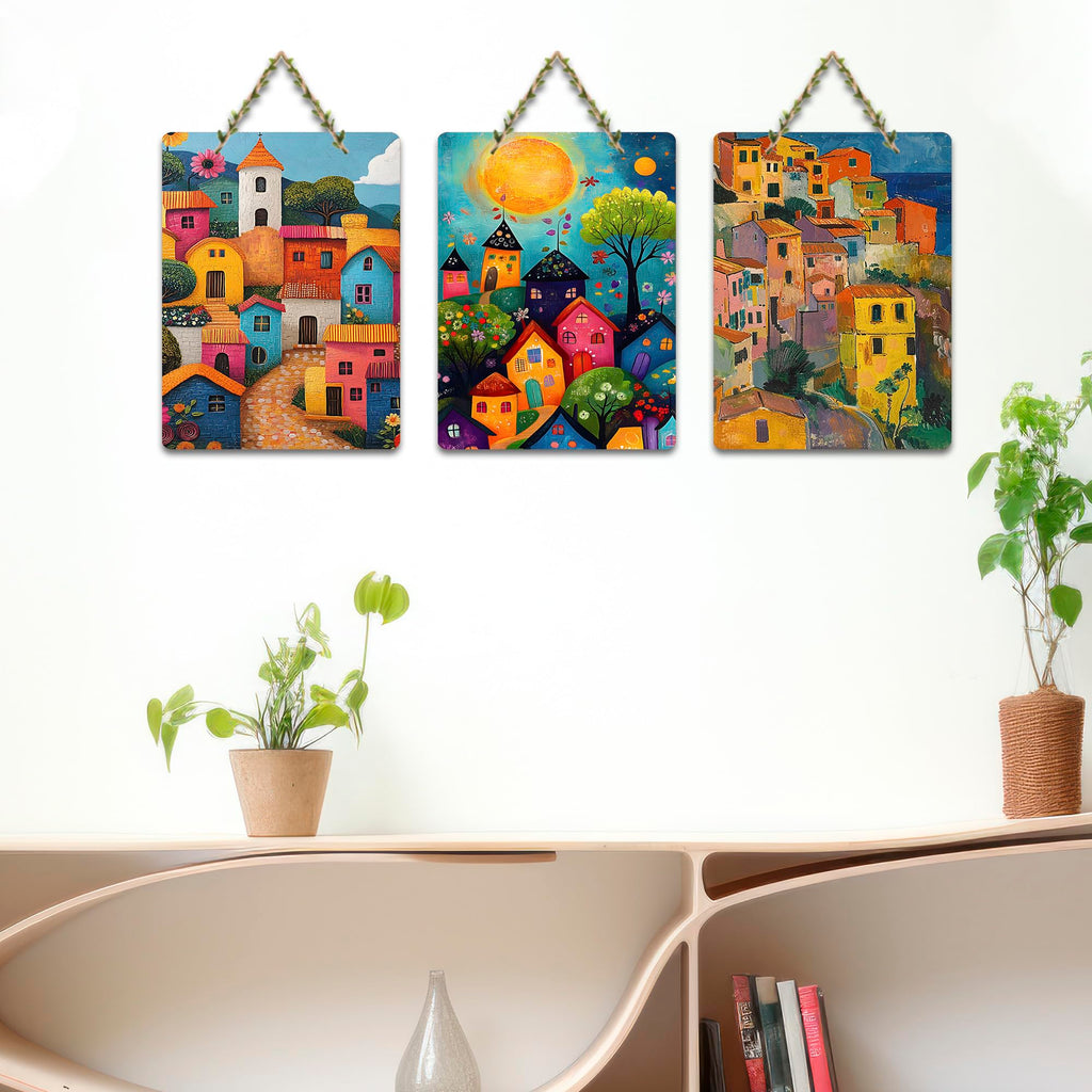 Artvibes Magical Sunset Coastal Village View Art Decorative Wall Art MDF Wooden Wall Hanger for Living Room | Home Decor | Wall Accent | Wall Illustrations | Art Print | Gift Item (WH_9622N), Set of 3