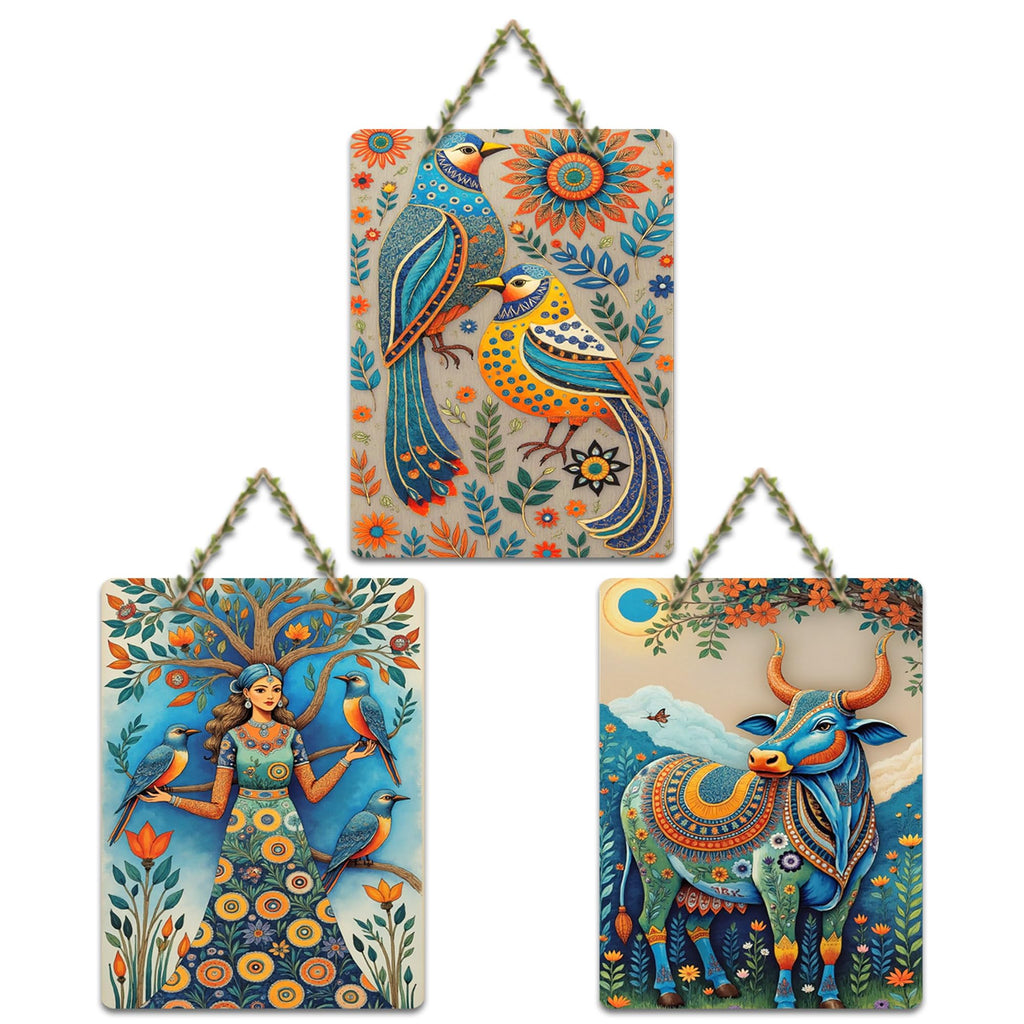 Artvibes Sacred Nature & Divine Girl With Birds & Cow Decorative Wall Art MDF Wooden Wall Hanger for Living Room | Home Decor | Wall Accent | Wall Illustration | Unique Gift Items (WH_9685N), Set of 3