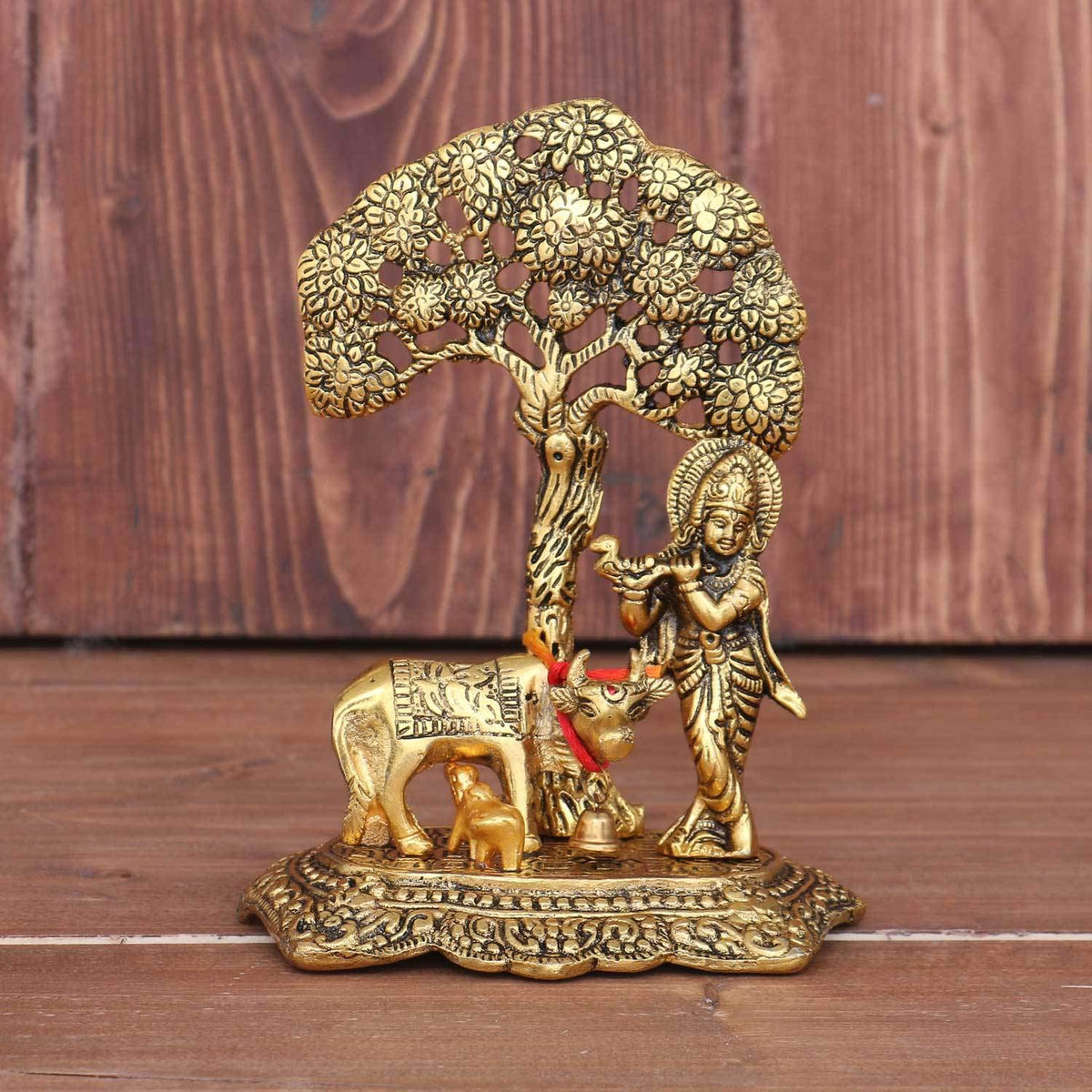 KridayKraft Kamdhenu Cow with Krishna Standing Under Tree Plying Flute Metal Statue,Krishna Murti Idol for Pooja & Decor Your Home,Office,Showpiece Figurines,Religious Idol Gift Article...