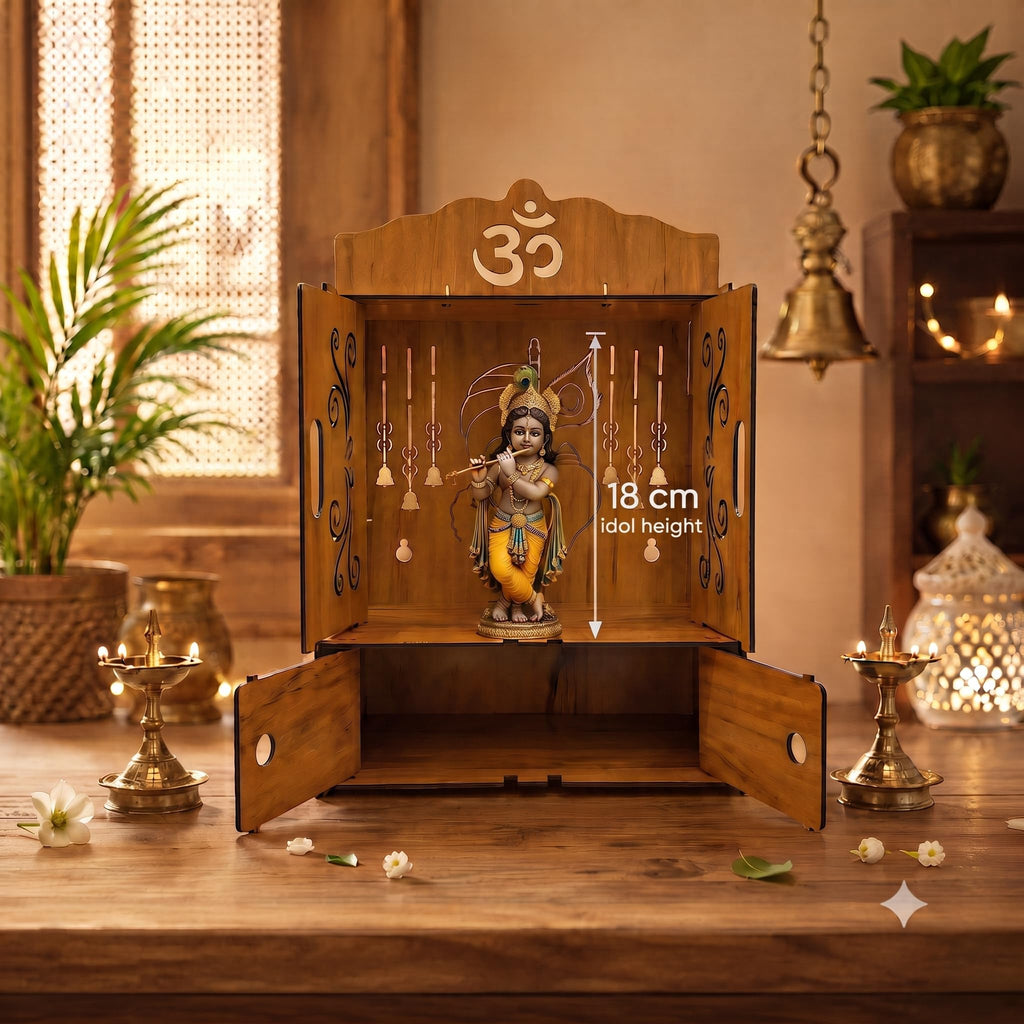 Privla Wooden DIY Small Size Home Temple with Door & Drawer Engineered Wood Pooja Mandir | Lord Ganesh JI Design | Wall Hanging & Floor Resting Mandir (Pack of 1) (02-KANHA JI-) 32 * 30 * 32cm