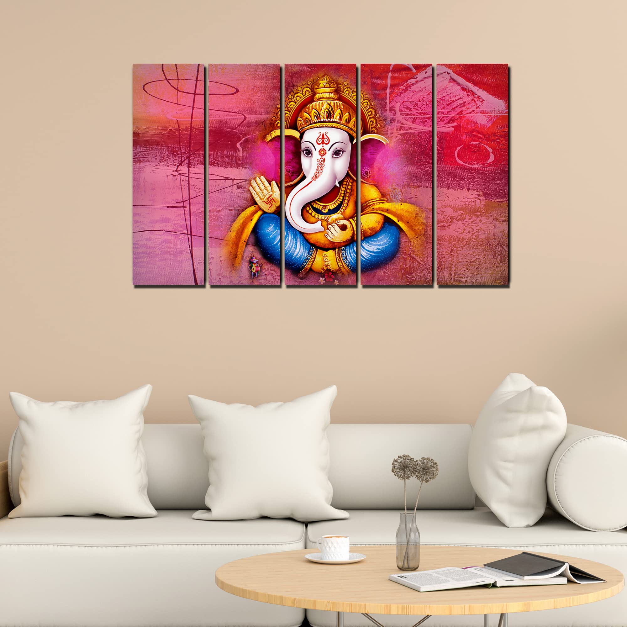 VIBECRAFTS Beautiful Shree Ganesh 5 Pieces Canvas Wall Painting For Home | Office | Living Room | Gift (PTVC5Pcs4_8530)
