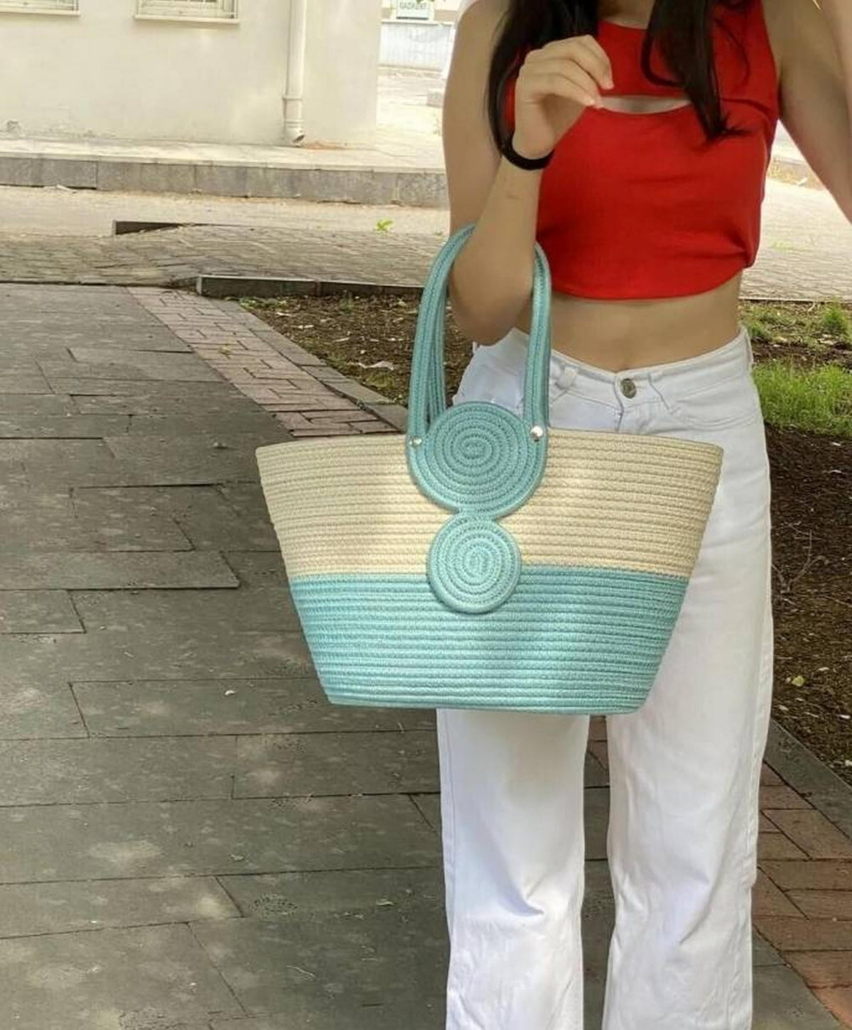 DYARCHY Women's Stylish Cotton Tote Handbag for Office, College, Travel, Vacations & Shopping (Skyblue-White)