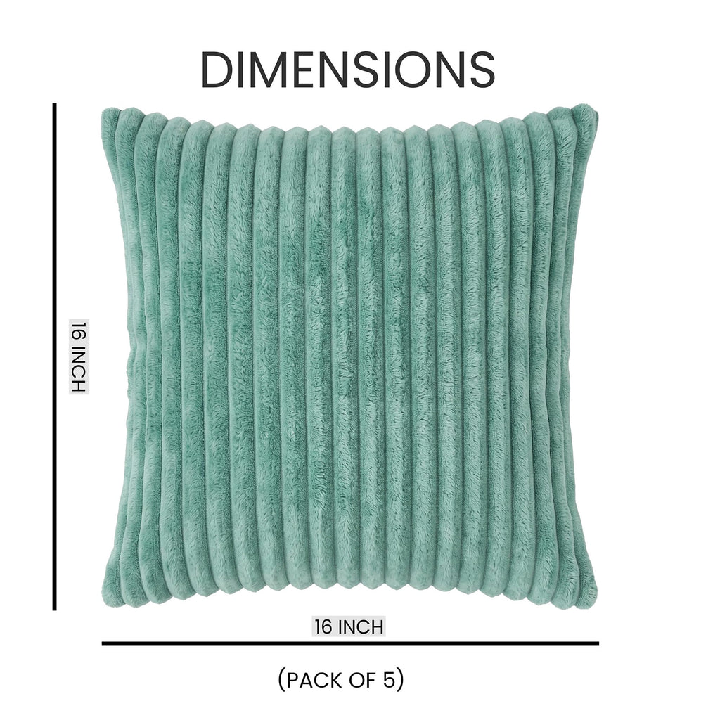 Yellow Weaves Pencil-Stripe Fur Cushion Covers | Soft Polyester | Decorative Sofa & Throw Pillow Covers | 16x16 Inches, Pack of 5 (Sea Green)