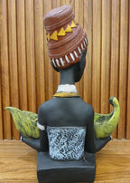 African Tribal Woman Decorative Statue with Bowl, Tribal Lady Leaf Platter Showpiece, Decorative Resin Statue for Home and Office, Traditional Tribal Pattern by Vihaan Traders & Co.