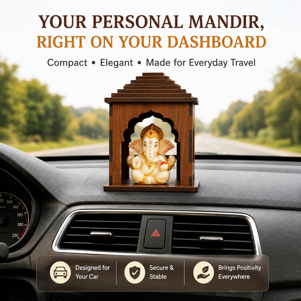 SWAGSTATION Wooden Car Dashboard Mandir with Ganpati Idol | Mini Temple for Car, Office Desk, Café & Home | Small Pooja Mandirs for Gifting & Tabletop Decoration (Mandir 2)