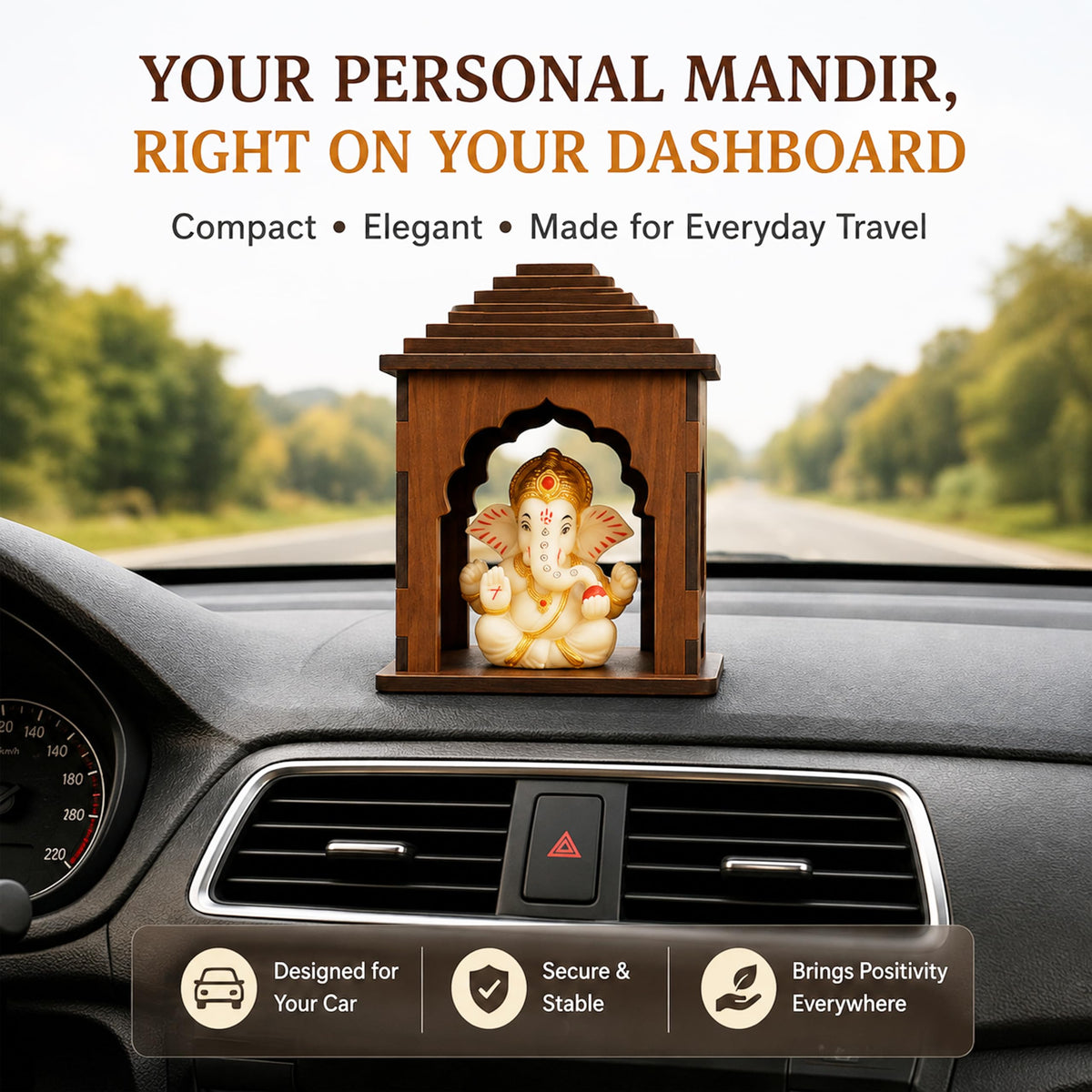 SWAGSTATION Wooden Car Dashboard Mandir with Ganpati Idol | Mini Temple for Car, Office Desk, Café & Home | Small Pooja Mandirs for Gifting & Tabletop Decoration (Mandir 2)