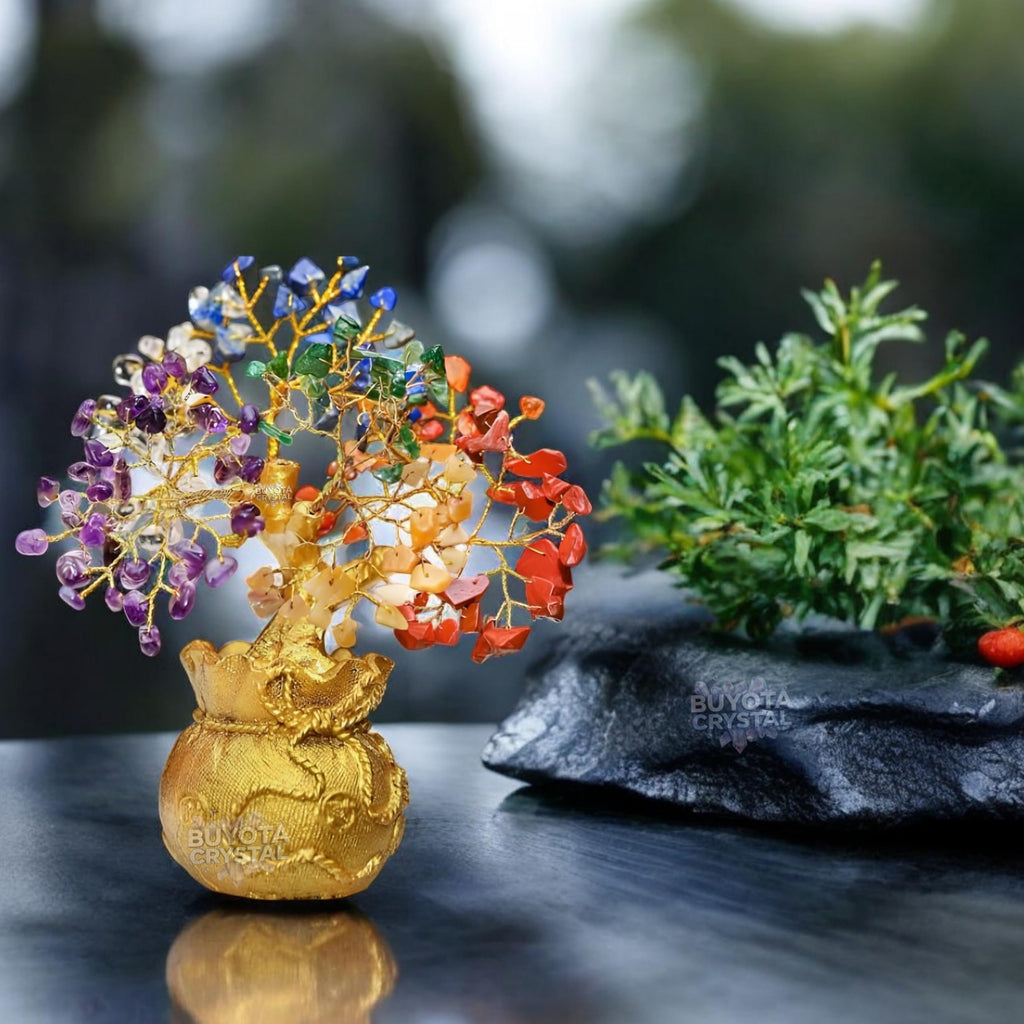 Vastu Approved Natural Gemstone Beads Tree for Feng Shui Crystal Tree Positive Energy, Wealth & Good Luck Healing Stones Bonsai for Gift & Office Table (7 Chakra- Golden Money Bag Base, 160 Beads)