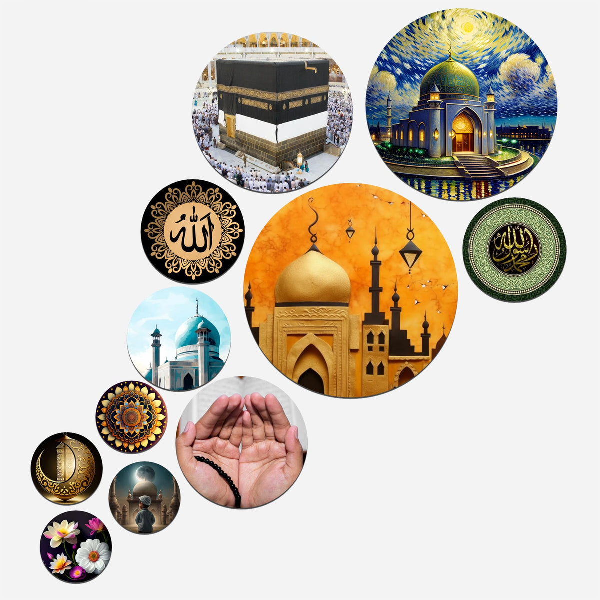 Artvibes Kaaba & Mecca Muslim Round Shape MDF Wooden Wall Decor Items | Spiritual Decor Items | Islamic Decoration | Wall Sculpture | Signs & Plaques | Art Painting | Gift Items (WPS_135N), Set of 11