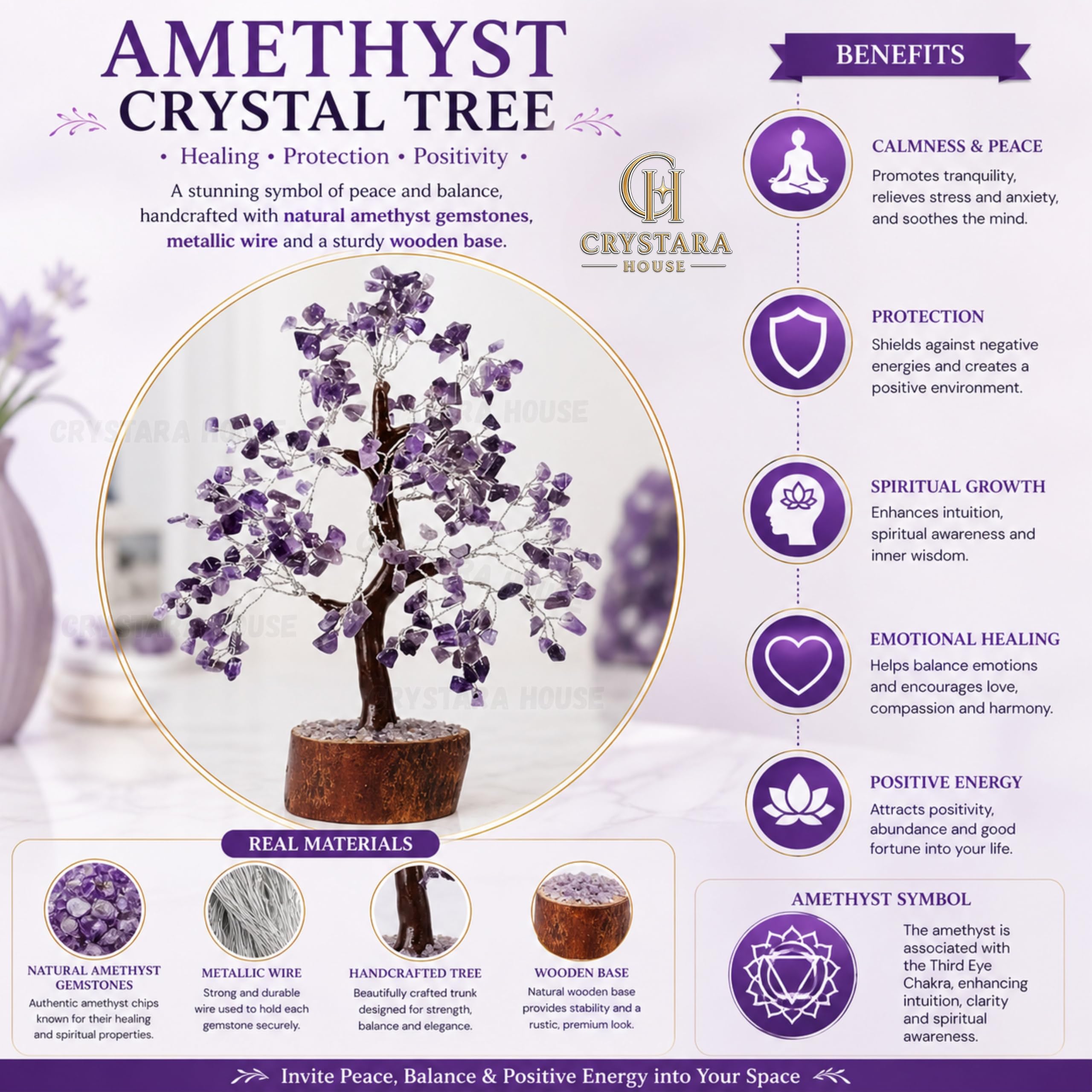 Amethyst Gemstone Tree 10 Inch | Natural Crystal Money Tree for Home Decor, Vastu & Feng Shui | Healing Crystal Tree for Wealth, Prosperity, Positive Energy & Office Desk Decoration