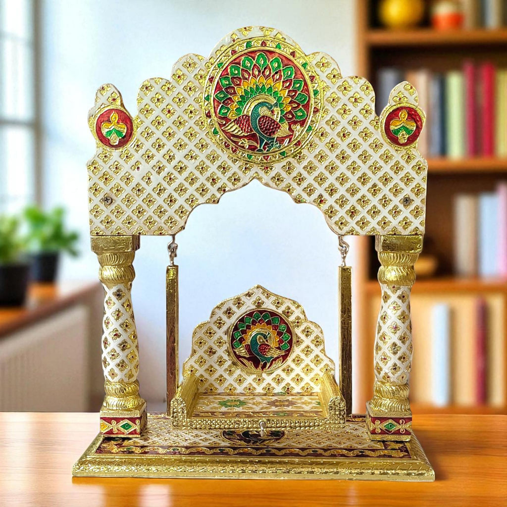 OPPILLA™ Laddu Gopal Jhula, Meenakari Hand Painted Folding Temple Jhoola, Handcrafted Home Temple Decor (White, 16 Inches x 13 Inches)