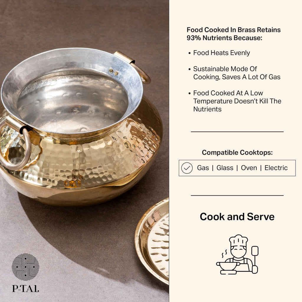 P-TAL Brass Patili with Lid and Handles for Cooking Teflon Free Degchi 1.5L Biryani Handi for Cooking Ptal Utensils for Your Kitchen (Free 30ml Copper & Brass Cleaning Solution)
