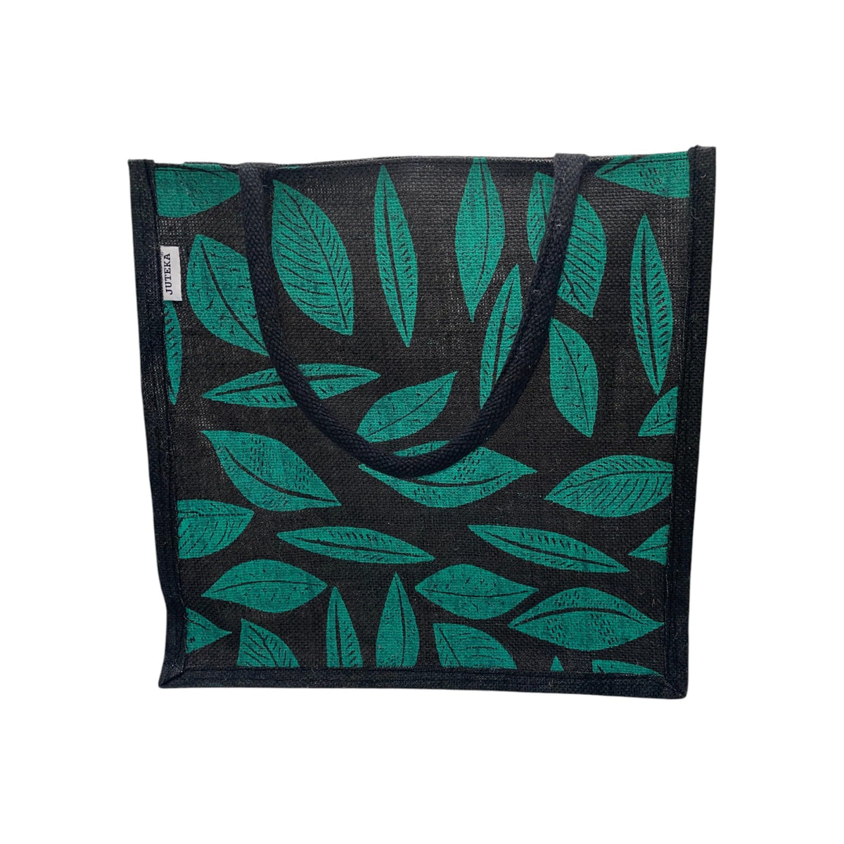 JUTEKA Printed Lunch, Office, Grocery, Picnic, Tote, Tiffin, Shopping, Jute Bag with Padded Cotton Handles (Black and Green)