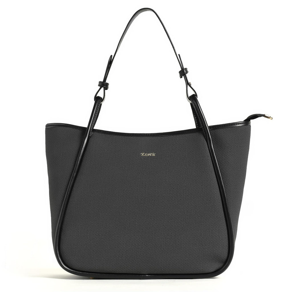 EXOTIC Formal Laptop Handbag for Women, Herringbone Pattern, Leather Trim, Tote Style with Adjustable Shoulder Strap (Black)