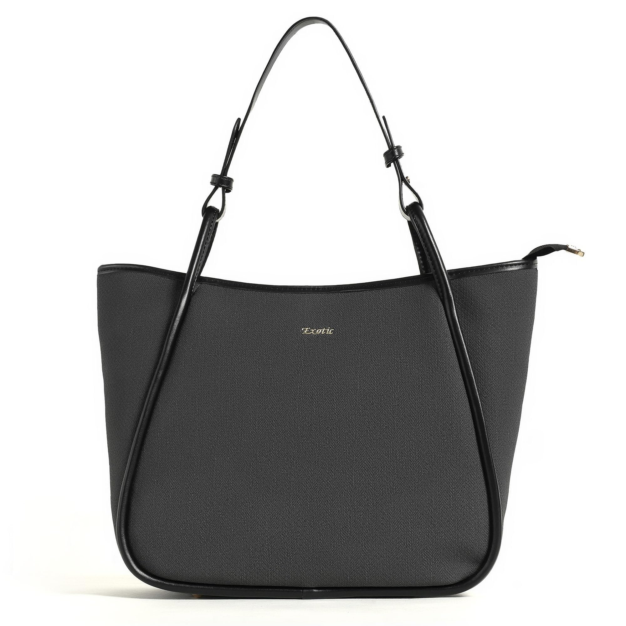 EXOTIC Formal Laptop Handbag for Women, Herringbone Pattern, Leather Trim, Tote Style with Adjustable Shoulder Strap (Black)