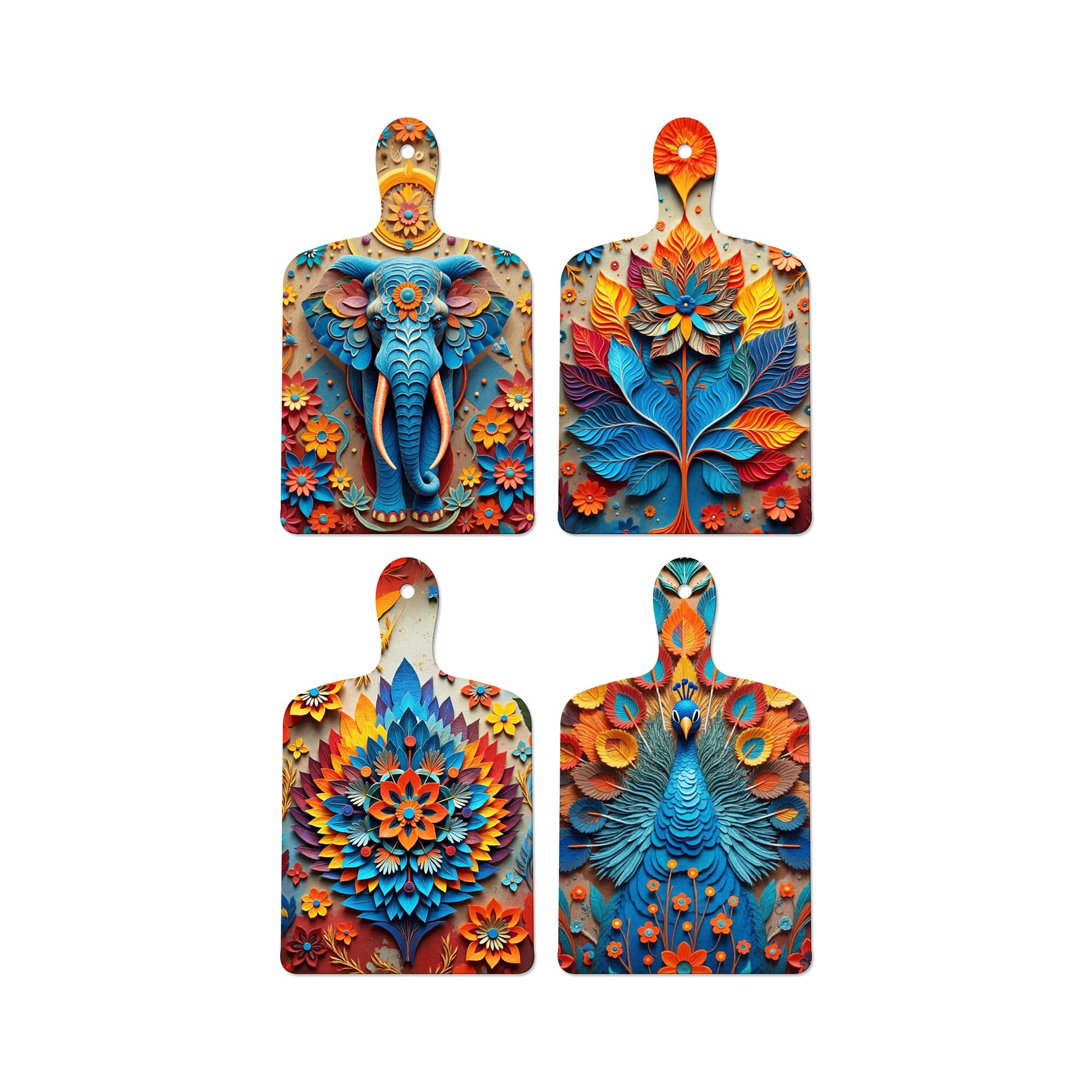 Artvibes Royal Elephant & Peacock Floral Modern Art Decorative Wall Hanging Ornaments | Wall Sculpture | Wood Decorative Items | Modern Decoration | Wall Poster | Unique Gift (WH_5643N), Set of 4