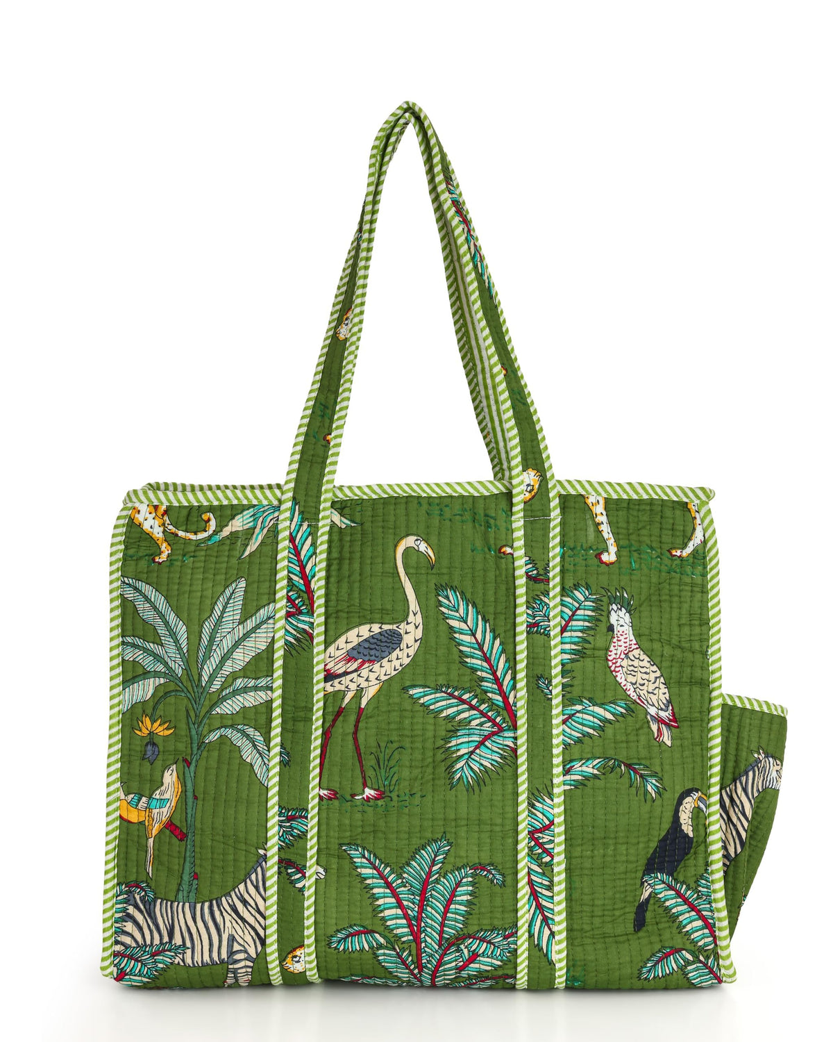 NIKAVIK Quilted Cotton Tote bag – Exotic Animal Print Foldable and Ideal for Travel Shopping Beach Trips or Daily Essentials (Green)