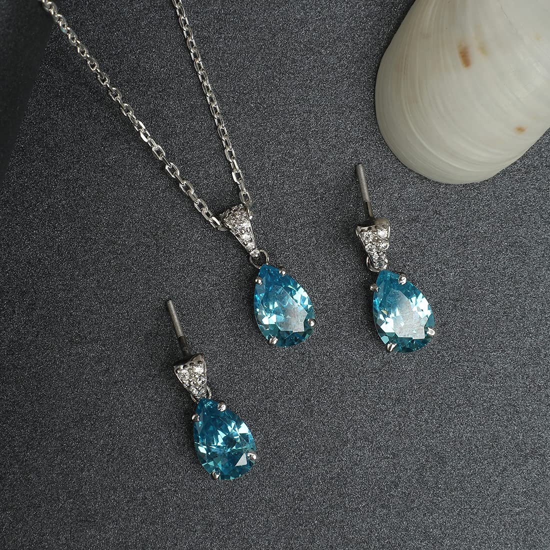 Clara 925 Silver Sky Blue Tear Drop Pendant Earring Chain for Women & Girls