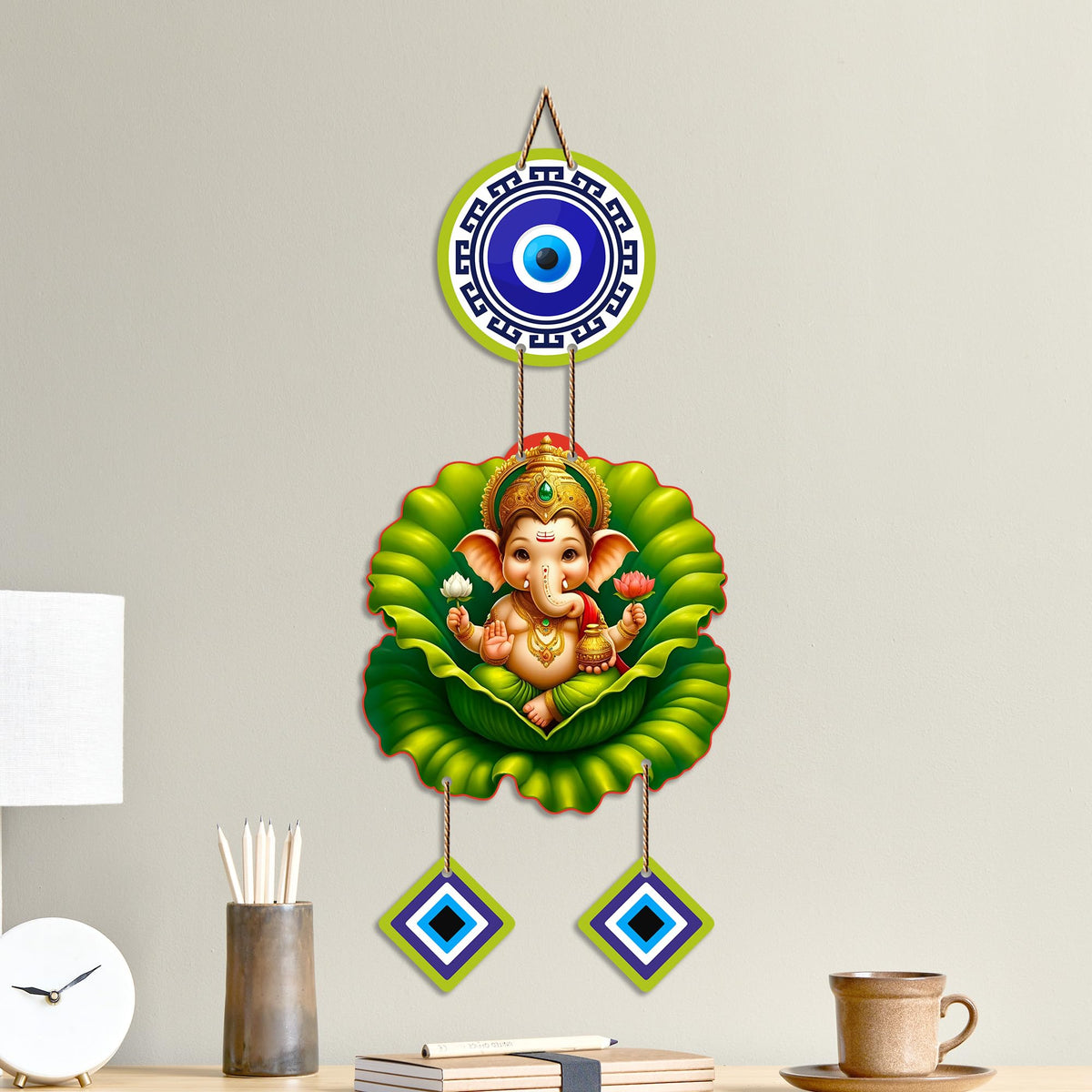 Artvibes Bal Ganesh on Lotus Leaf Evil Eye Wall Hanging for Home Decor | Nazar Protection Hanging for Entrance Living Room Temple Office | Vastu Blessings Positive Energy Decorative Gift (WH_8569N)