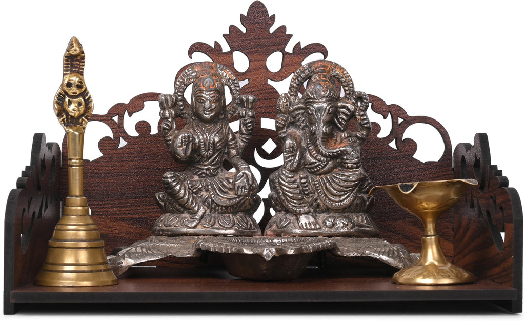 GOJEEVA KRAFT Engineered Wood Hand Crafted Carved Pattern Home Temple for Idols Temple for Home and Office I Premium Om Engraved | Set Top Box Stand I Wooden Mandir (Pack of 1) (Medium)