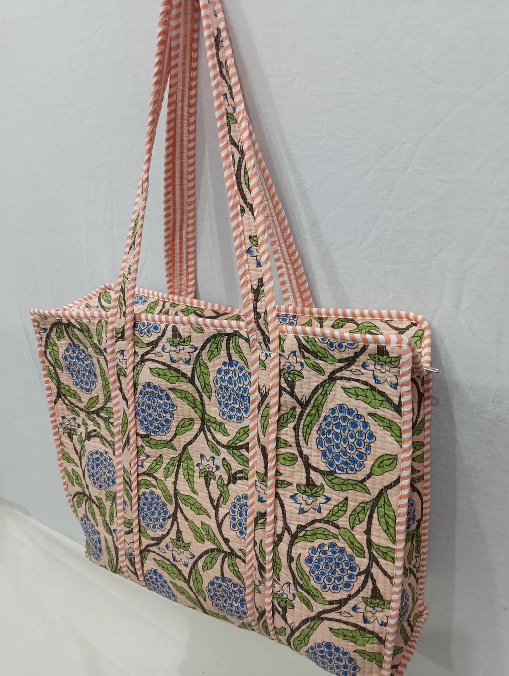 Raj Handicrafts Cotton Printed Tote Bag,Hand Bag Multicolor Quilted Hand Block Floral Printed Women's Carry Bag Shoulder Shopping Tote Bags 18x5.5x16 Inch (Peach 2)
