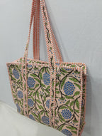 Raj Handicrafts Cotton Printed Tote Bag,Hand Bag Multicolor Quilted Hand Block Floral Printed Women's Carry Bag Shoulder Shopping Tote Bags 18x5.5x16 Inch (Peach 2)