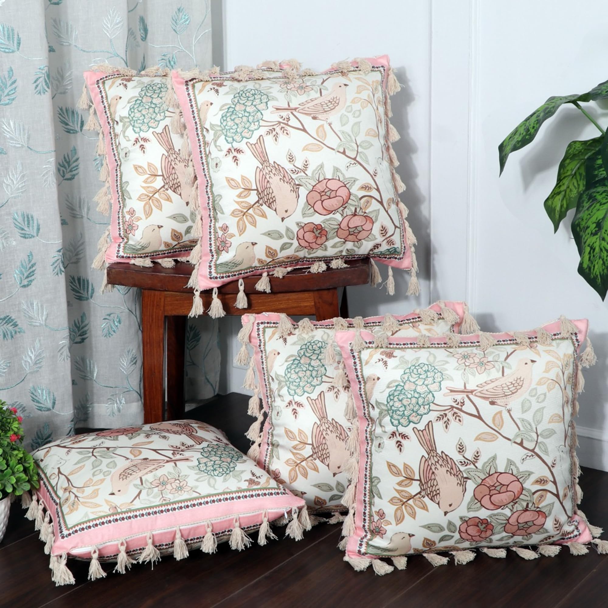 ishro home Premium Cushion Cover 18 inch x 18 inch | Set of 5 – Soft European Standard Fabric, Frill Design, Machine Washable | (5, Gul-o-Parinday, 18x18 Inch)
