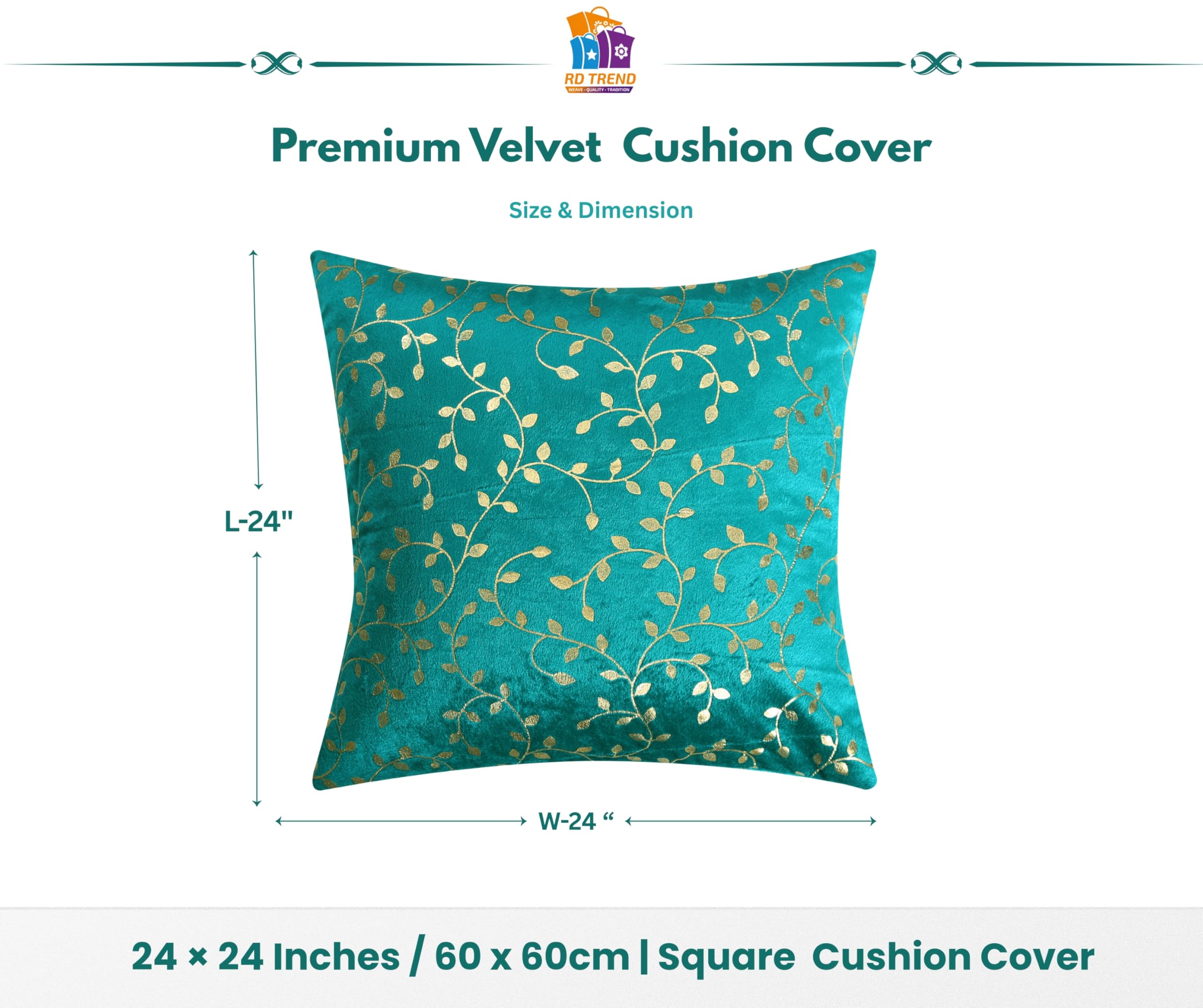 RD TREND Velvet Cushion Covers, 60 x 60 cm/24 x 24 inches,Pack of 5,250 TC, Back Zipper (Sea Green)