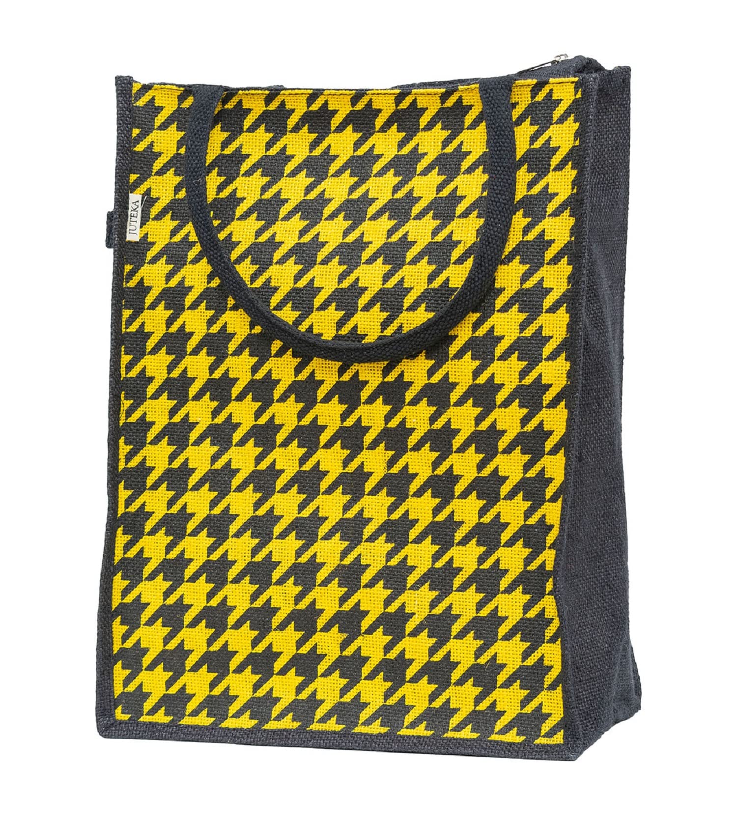 JUTEKA Yellow Houndstooth Printed Jute Lunch Bag - Grocery, Tote, Hand, Picnic Bag for Men, Women, Girls, Kids with Zip
