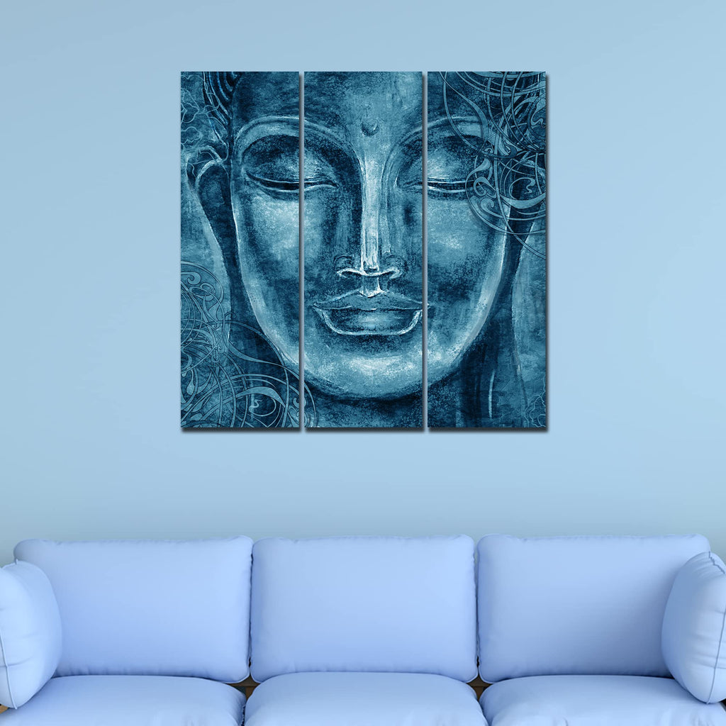 VIBECRAFTS 3 Pieces Buddha Face Canvas Wall Painting Fitted With Wooden Frame For Home | Office | Living Room | Gifts (PTVC3Pcs1_9600)