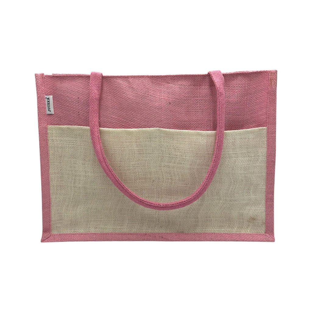 JUTEKA Multicolor spacious Jute Bag with Zipper Closure, Full Size Front Pocket and Large Handles… (Baby Pink)