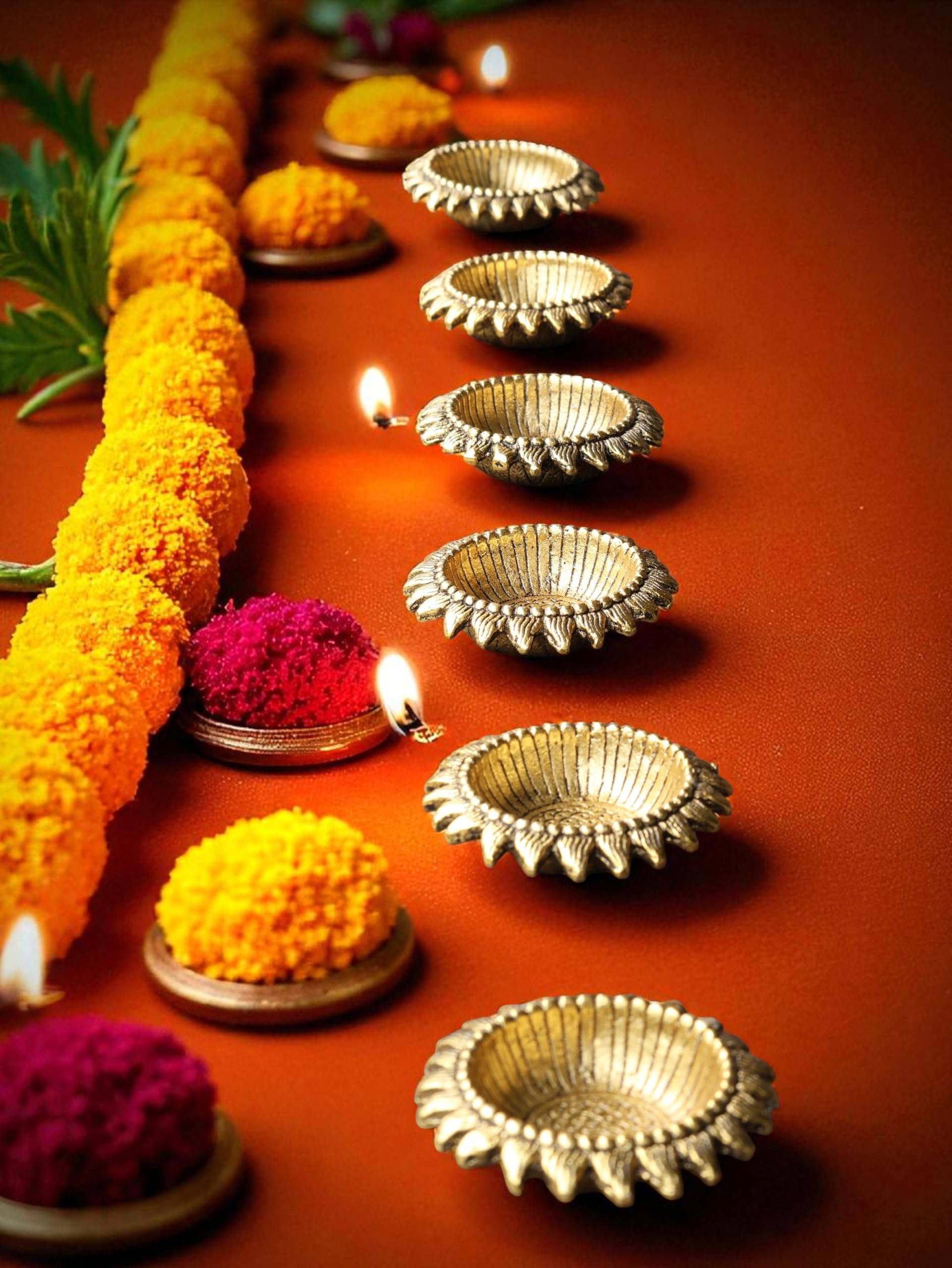 Kridaykraft Decorative Sunflower Diya Set, Gold-Plated Metal, Pack of 6 Pcs, Traditional Festival Lights
