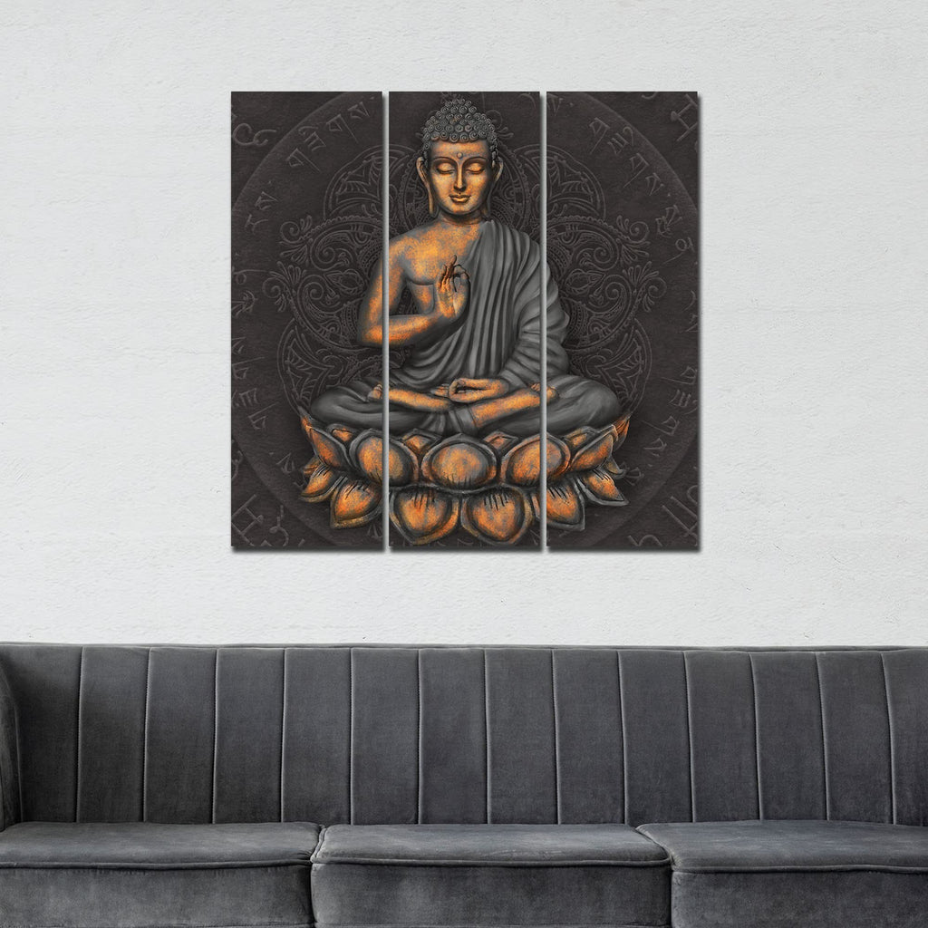 VIBECRAFTS Buddha Sitting On Lotus 3 Pieces Canvas Wall Painting Fitted With Wooden Frame For Home | Office | Living Room | Gifts (PTVC3Pcs1_9593)