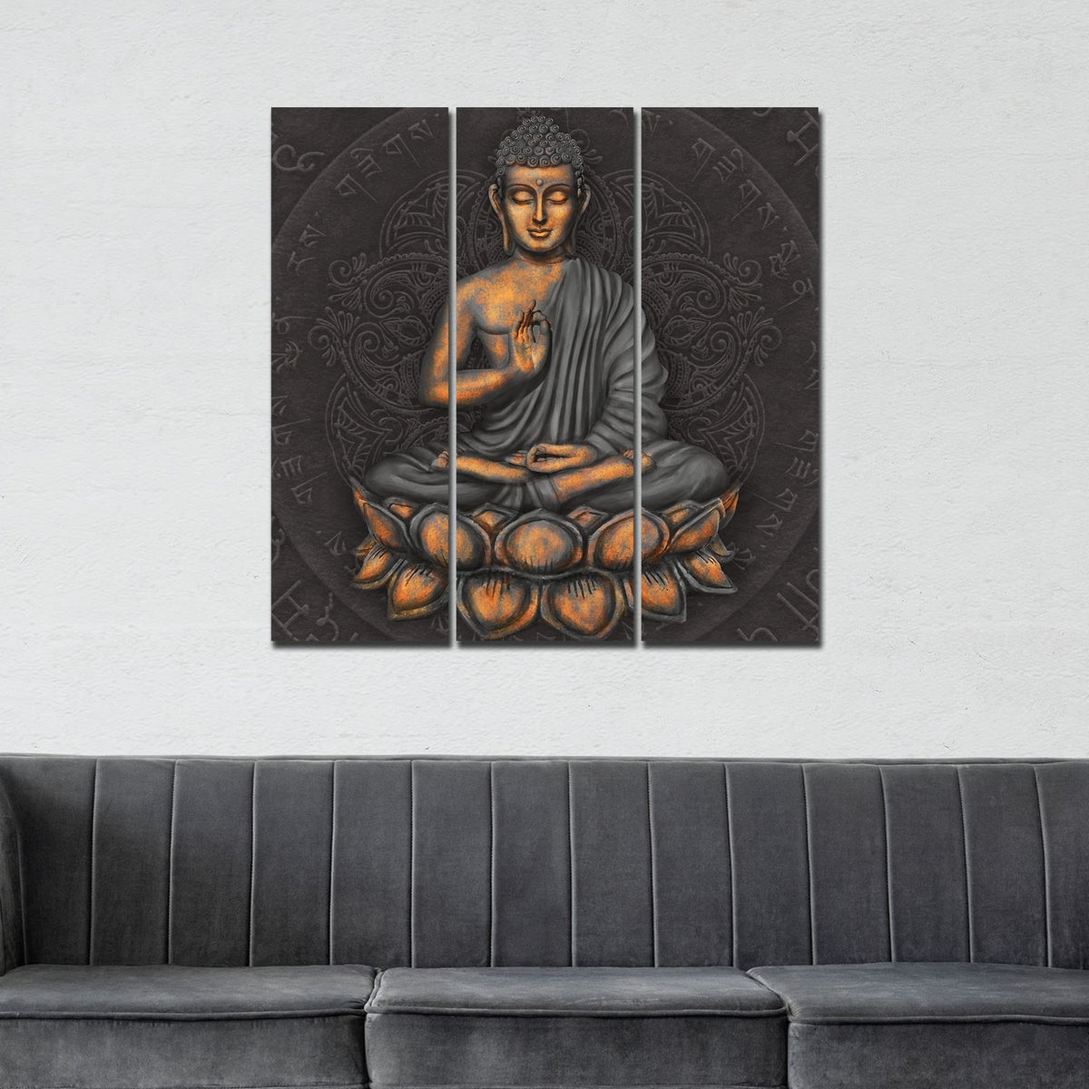 VIBECRAFTS Buddha Sitting On Lotus 3 Pieces Canvas Wall Painting Fitted With Wooden Frame For Home | Office | Living Room | Gifts (PTVC3Pcs1_9593)