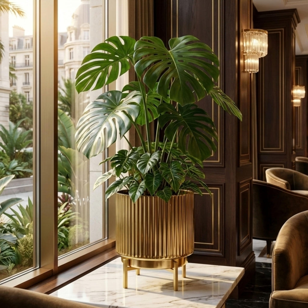 BEHOMA Fluted Gold Metal Planter with Stand