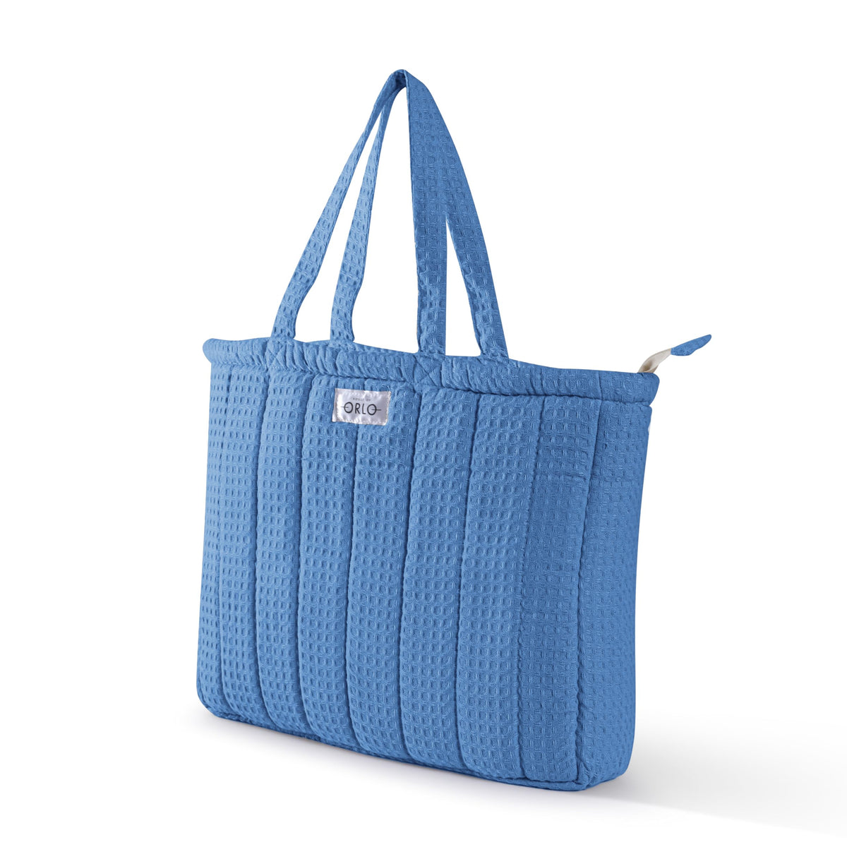 HOUSE OF ORLO Quilted 100% Cotton Waffle Weave Handmade Tote Bags with Zipper and Double Handles for Women Ideal for College, Travel, Work and Daily Use (Sky-Blue)