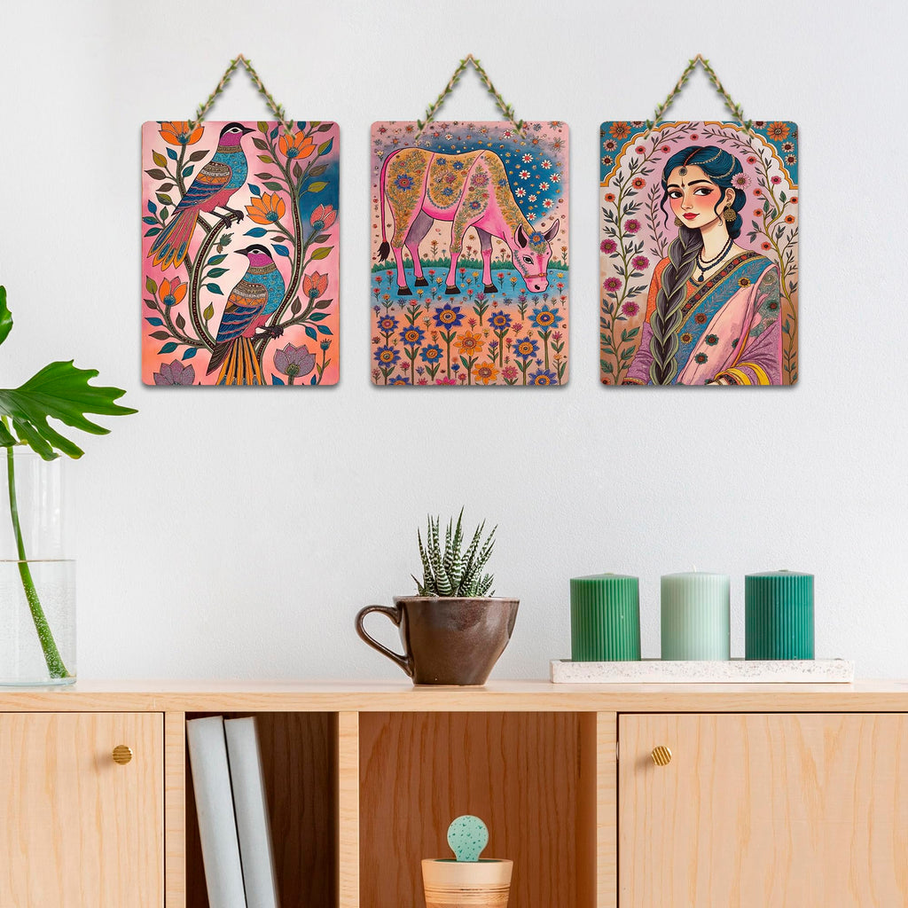 Artvibes Beautiful Women Sacred Cow & Floral Birds Wooden Art Decoration Item for Home | Garden Balcony| Stylish Modern Decor | Wall Illustrations | Trendy Decor | Unique Gift (WH_9694N), Set of 3
