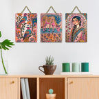 Artvibes Beautiful Women Sacred Cow & Floral Birds Wooden Art Decoration Item for Home | Garden Balcony| Stylish Modern Decor | Wall Illustrations | Trendy Decor | Unique Gift (WH_9694N), Set of 3