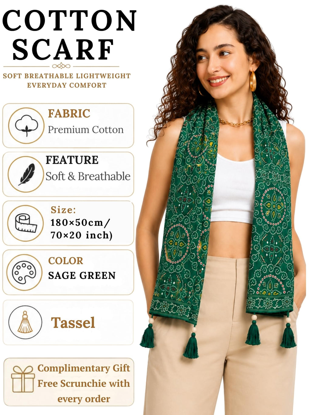 KE KANHA EXPORTS Cotton Scarf with Tassels|Bandhani Print Scarf for Women Stylish|Stole for Women|Breathable Boho Beach Summer Wrap|Multicolor Scarf|Easily Fits 180 * 50 CM