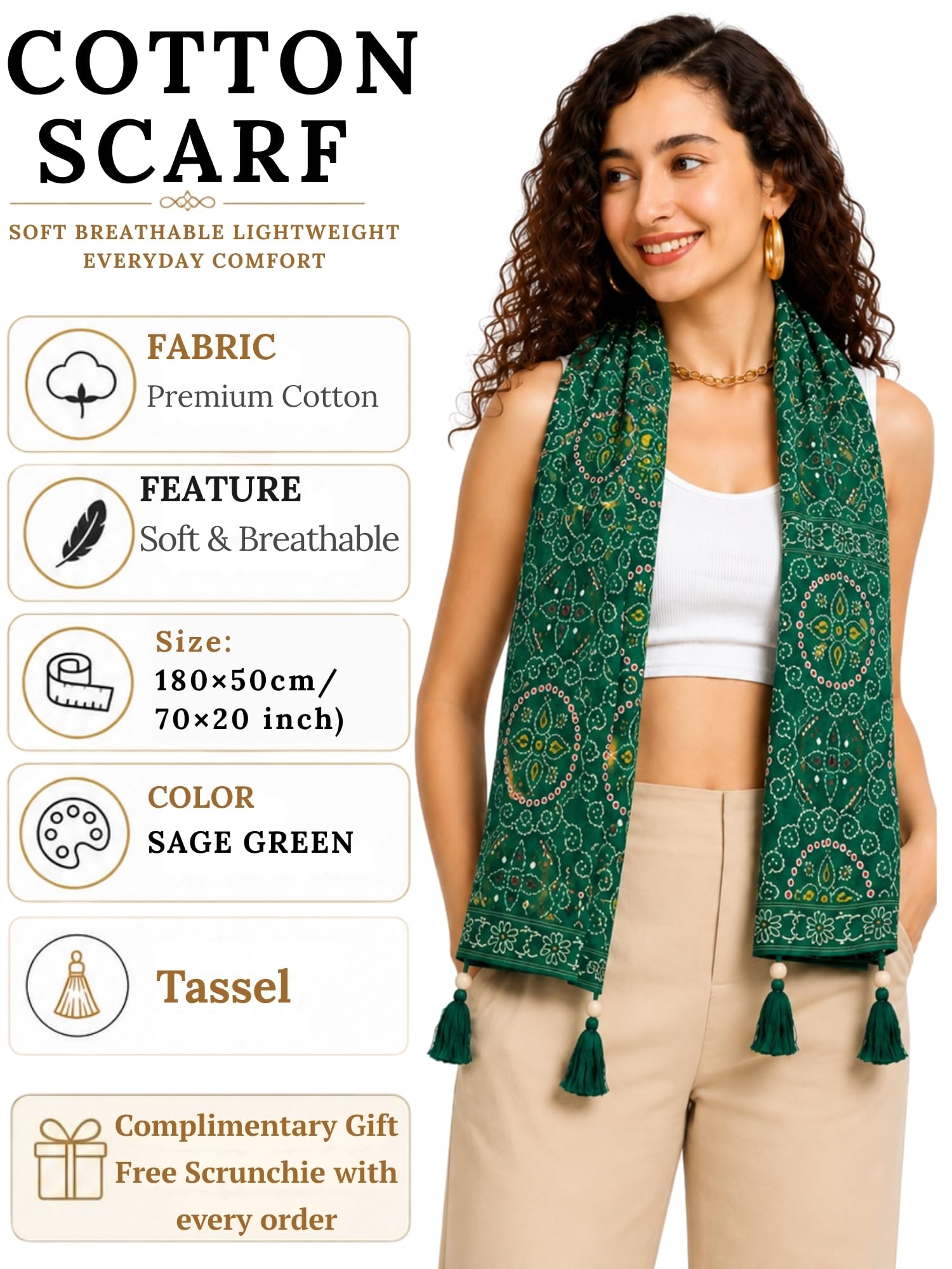 KE KANHA EXPORTS Cotton Scarf with Tassels|Bandhani Print Scarf for Women Stylish|Stole for Women|Breathable Boho Beach Summer Wrap|Multicolor Scarf|Easily Fits 180 * 50 CM