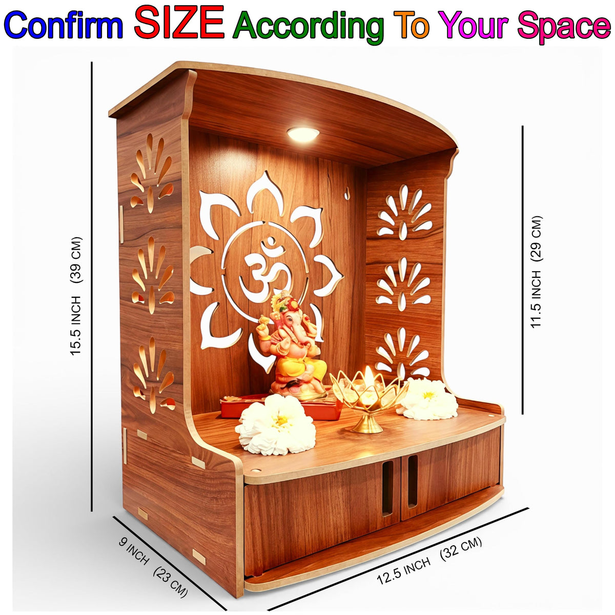 Devson™ Beautiful Wooden Temple | MDF Pooja MANDIR for Home and Office use with LED SPOT Light | Engineered Wood Pooja Stand with Storage Shelves | Size - H 15.5 x L 12.5 x W 9 inch | 12DRK