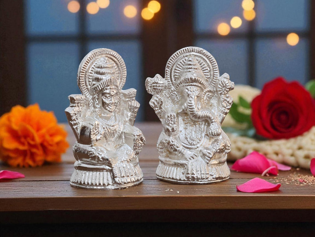 KridayKraft Metal Lakshmi & Ganesha Idol Pair – Silver-Finish Mini Statues (7.5 cm × 4 cm Each), 160 g – Auspicious Home Puja Decor & Diwali Gift