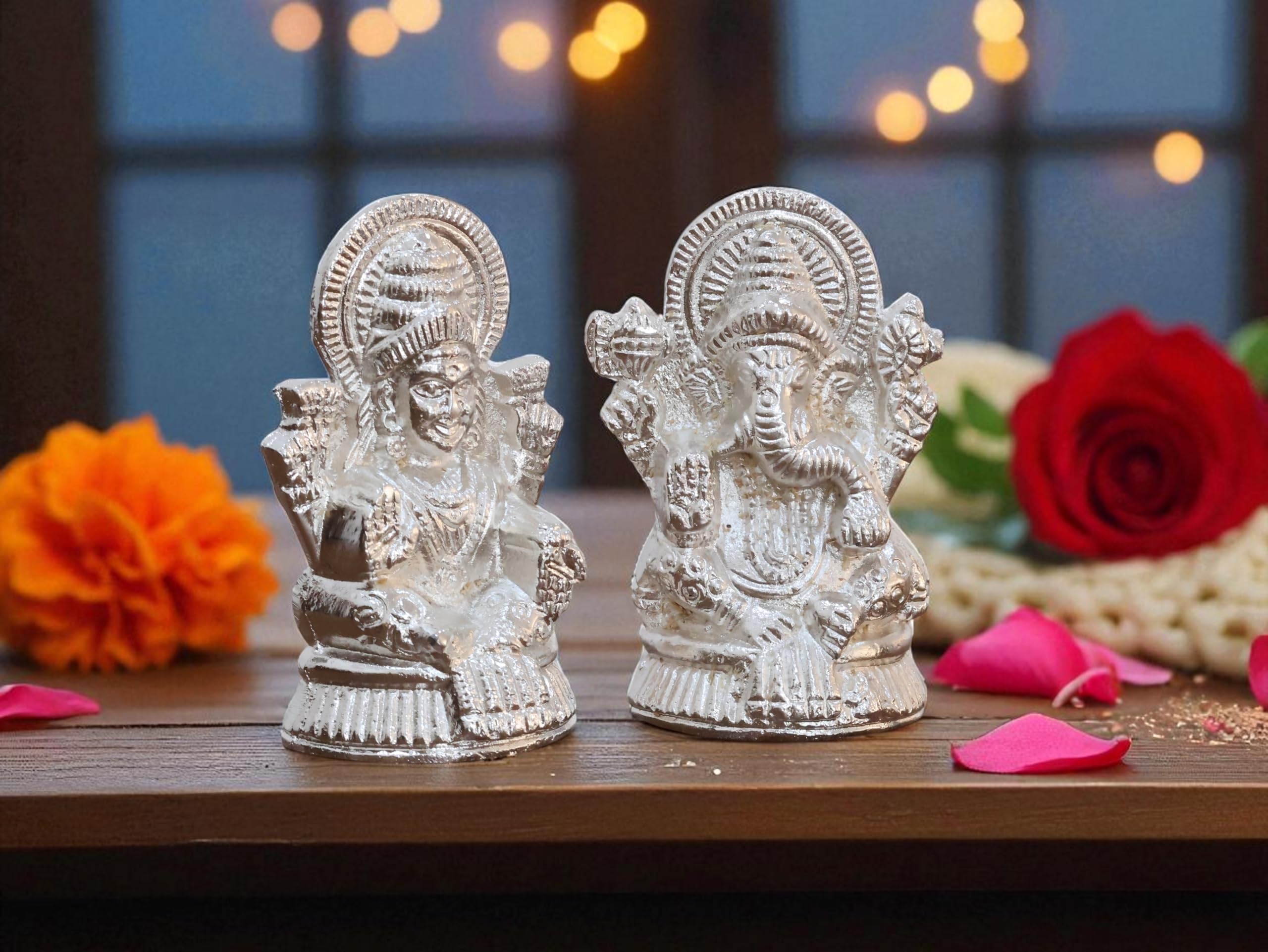 KridayKraft Metal Lakshmi & Ganesha Idol Pair – Silver-Finish Mini Statues (7.5 cm × 4 cm Each), 160 g – Auspicious Home Puja Decor & Diwali Gift