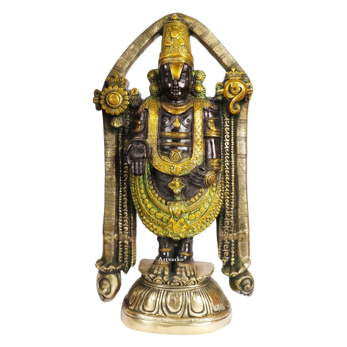 ARTVARKO Lord Venkateshvara as Balaji at Tirupati Brass Sculpture Brown Golden Greenish Finish 23 Inches