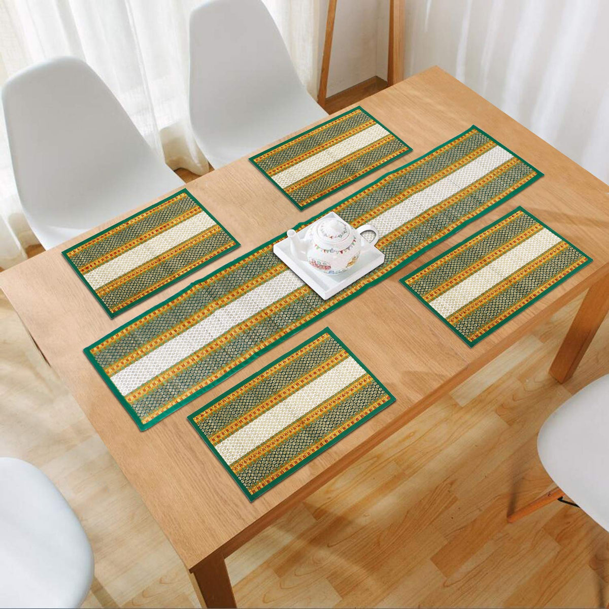 HOKIPO River Grass Natural Handmade Madurkathi 4 Placemats And Runner For Dining Table , 12X52 Inches, Green Kafalo
